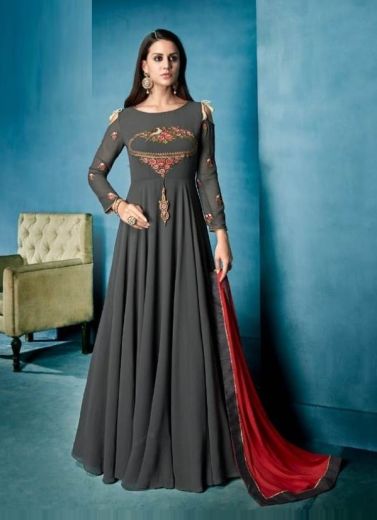 Gray Georgette Thread-Work Festive-Wear Readymade Gown With Dupatta (With Inner)