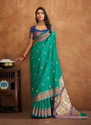 Sea Green Banarasi Weaving Festive-Wear Soft Silk Saree