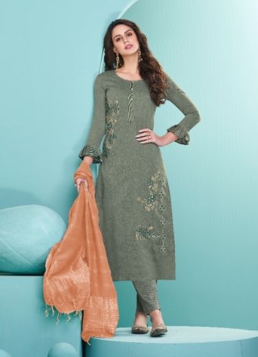 Dark Sage Green Cotton Embroidered Office-Wear Pant-Bottom Readymade Salwar Kameez
