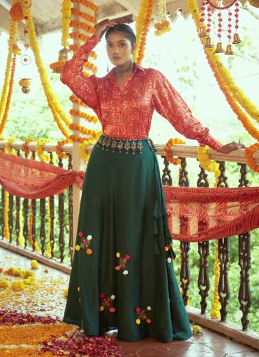 Dark Green & Red Silk Embroidery & Printed Navratri Special Readymade Lehenga Choli
