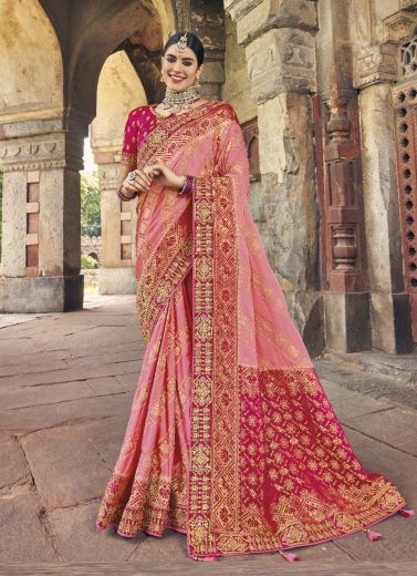 Pink Dola Silk Embroidered Wedding-Wear Saree
