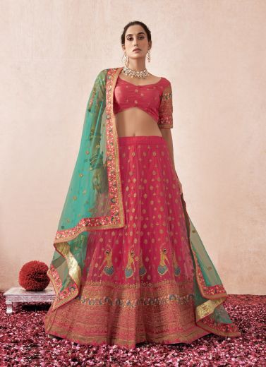 Crimson Red Net & Satin Silk Embroidered Wedding-Wear Lehenga Choli (With Inner)