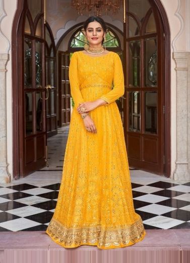 Yellow Georgette Chinon Embroidery & Mirror-Work Party-Wear Readymade Floor-Length Gown