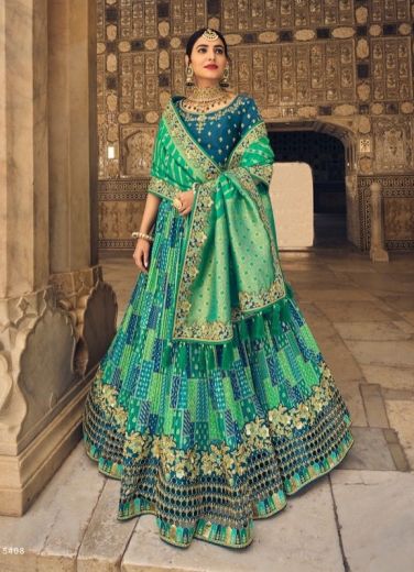 Light Green & Blue Silk Handwork Wedding-Wear Bridal Lehenga Choli