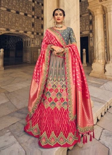 Gray & Crimson Red Silk Handwork Wedding-Wear Bridal Lehenga Choli