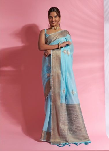 Light Blue Cotton Silk Weaving Festive-Wear Saree