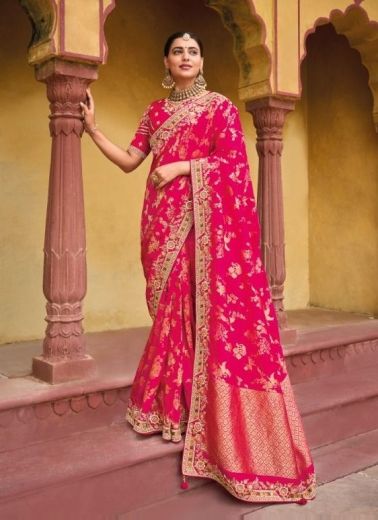 Radical Red Viscose Handwork Wedding-Wear Silk Embroidery Saree