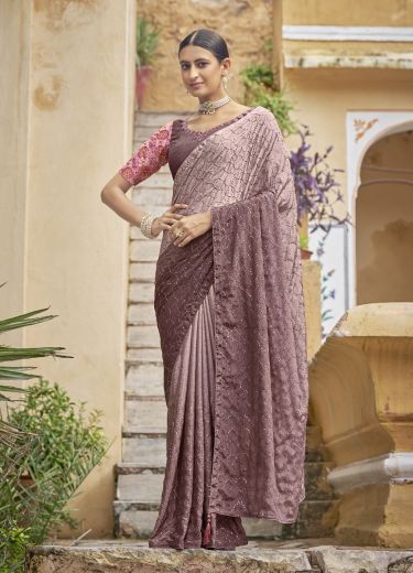 Rosy Brown Chinon Thread Embroidery Work Party-Wear Sequins-Work Saree