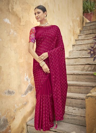 Wine Red Chinon Thread Embroidery Work Party-Wear Sequins-Work Saree