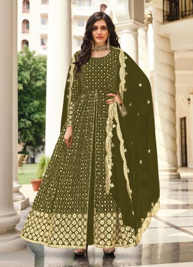 Olive Green Georgette Sequins & Embroidery Work Festive-Wear Front-Slit Salwar Kameez