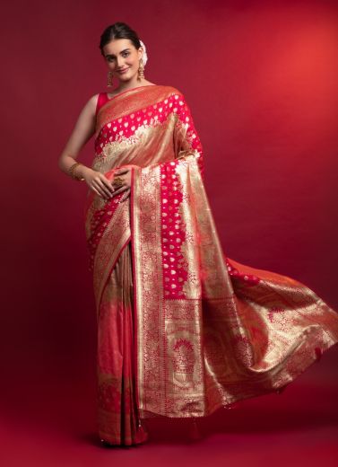 Radical Red Silk Thread Weaving Festive-Wear Zari Silk Saree