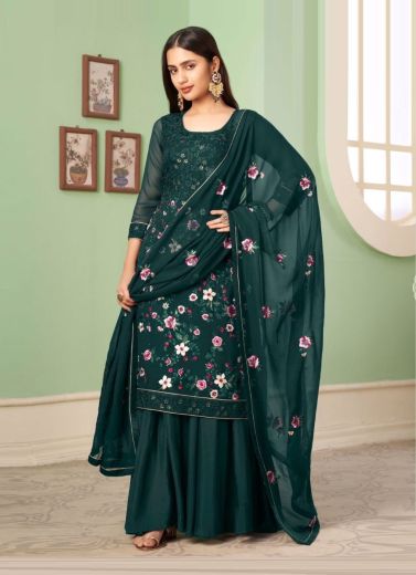 Dark Teal Green Georgette Embroidered Party-Wear Sharara-Bottom Salwar Kameez