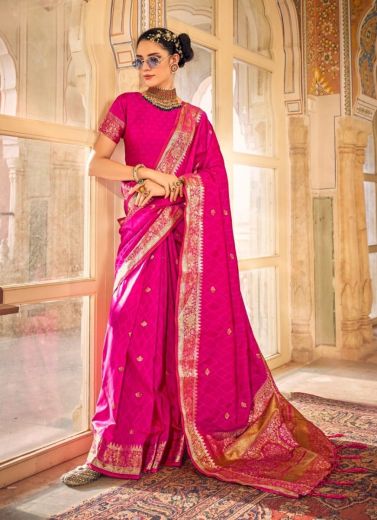Deep Pink Satin Weaving Festive-Wear Jari Silk Saree