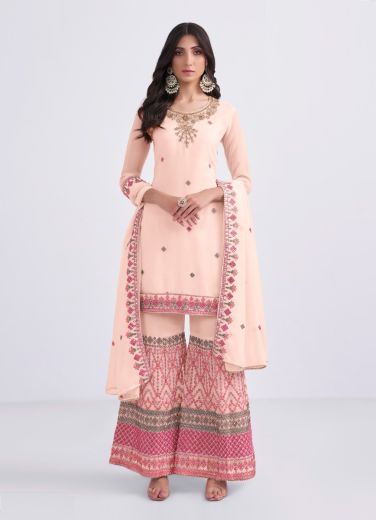 Light Pink Georgette Embroidered Party-Wear Sharara-Bottom Salwar Kameez