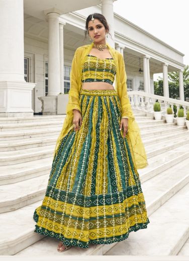 Yellow & Teal Blue Georgette Embroidery, Sequins & Digital Printed Party-Wear Stylish Lehenga Choli
