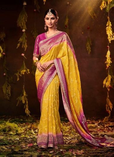 Yellow Bandhej Print Wedding-Wear Silk Embroidery Saree