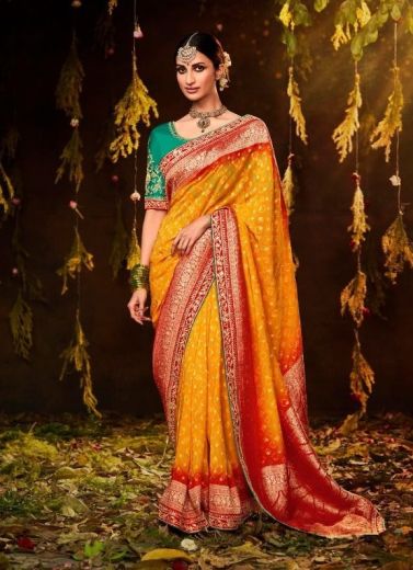 Orange Bandhej Print Wedding-Wear Silk Embroidery Saree