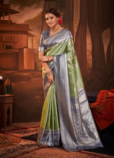 Pista Green & Blue Weaving Party-Wear Kanjivaram Silk Saree
