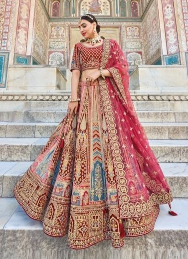 Multicolor Velvet Embroidery & Handwork Wedding-Wear Bridal Lehenga Choli