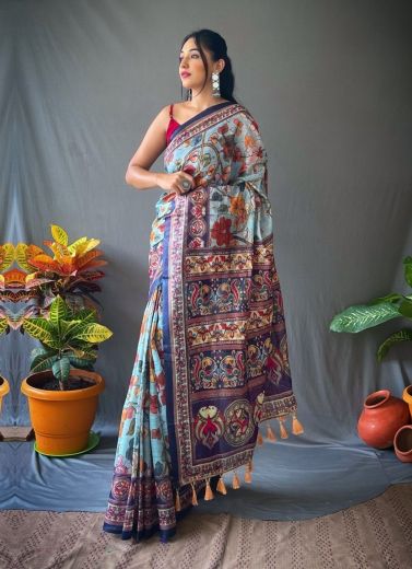 Light Blue Cotton Kalamkari Digital Printed Festive-Wear Saree