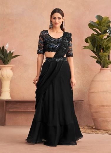 Black Silk Handwork Party-Wear Stylish Lehenga Saree With Attached Dupatta