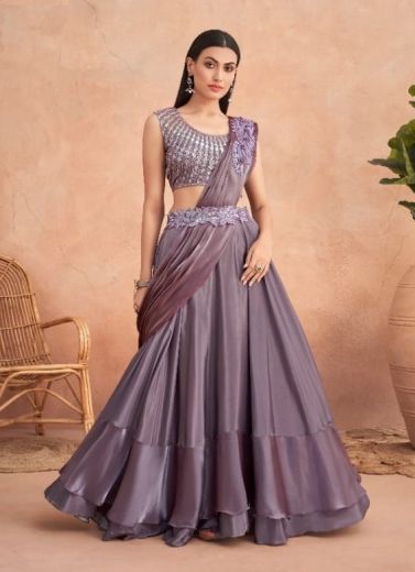 Lilac Silk Handwork Party-Wear Stylish Lehenga Saree With Attached Dupatta