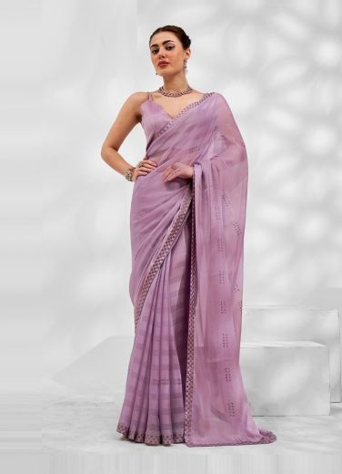 Lilac Chiffon Embroidered Carnival Saree For Kitty Parties