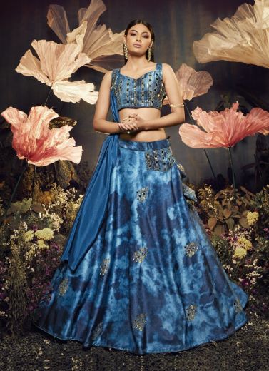 Dark Blue Velvet Shibori Print With Sequins, Embroidery & Mirror Work Party-Wear Sensual Lehenga Choli