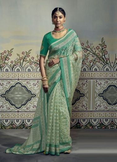Light Green Organza With Brasso Weaving Party-Wear Saree