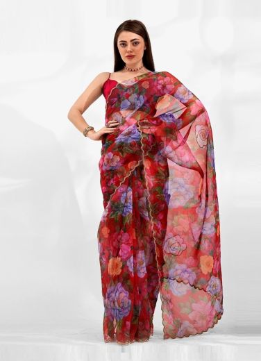 Red Organza Digitally Printed Carnival Saree For Kitty Parties