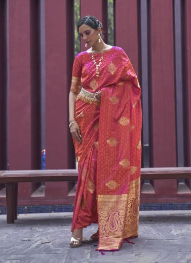 Crimson Red Satin Silk Weaving Party-Wear Handloom Saree