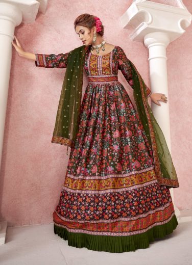 Dark Olive Green & Pink Silk Embroidered Digital Printed Festive-Wear Readymade Gown With Dupatta