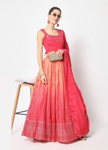 Coral Red Chinon Silk With Foil-Print & Sequins-Work Party-Wear Stylish Lehenga Choli