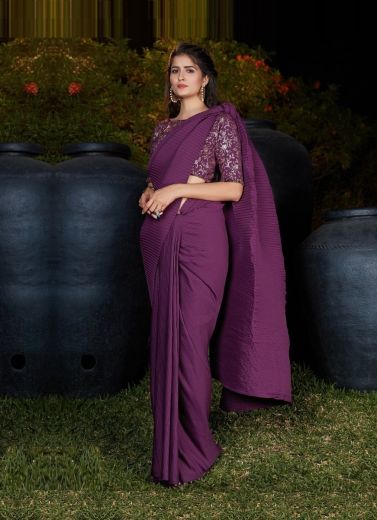 Purple Silk Party-Wear Pleated Saree