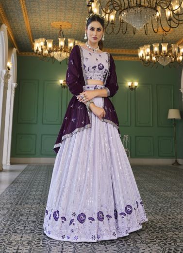 Light Lavender Georgette Thread, Embroidery & Sequins-Work Party-Wear Lehenga Choli With Belt