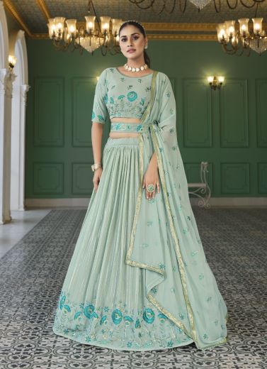 Light Mint Green Georgette Thread, Embroidery & Sequins-Work Party-Wear Lehenga Choli With Belt