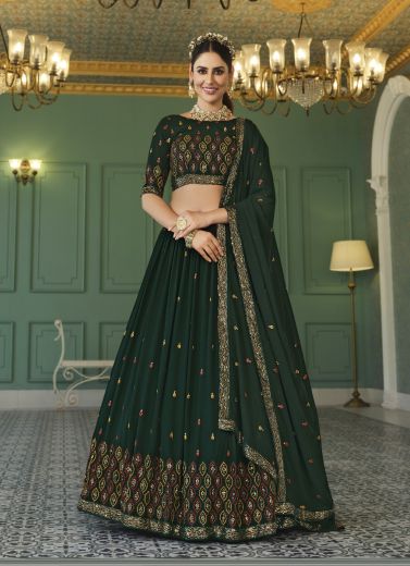 Dark Green Georgette Thread, Embroidery & Sequins-Work Party-Wear Lehenga Choli