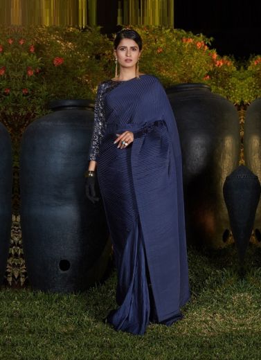 Dark Blue Silk Party-Wear Pleated Saree