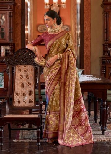 Golden Brown Tussar Silk Digital Printed Party-Wear Saree