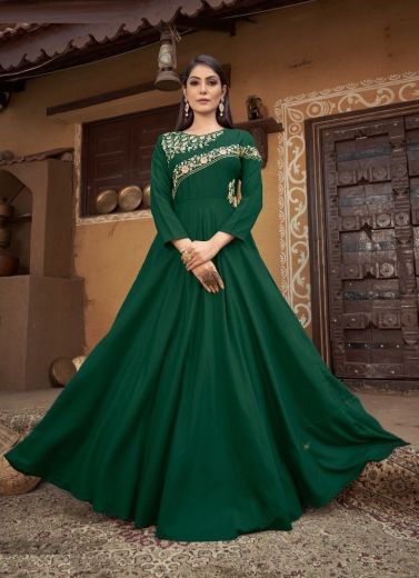 Green Muslin Embroidered Party-Wear Floor-Length Readymade Gown