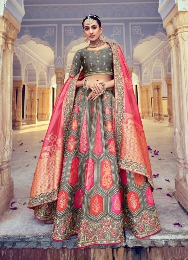 Gray & Pink Silk With Zari, Embroidery & Hand-Work Wedding-Wear Bridal Lehenga Choli