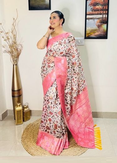 White & Pink Jari-Silk Festive Wear Saree