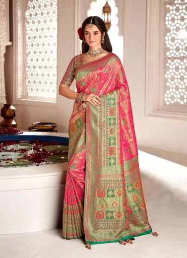 Pink & Light Green Banarasi Silk Embroidered Party-Wear Saree