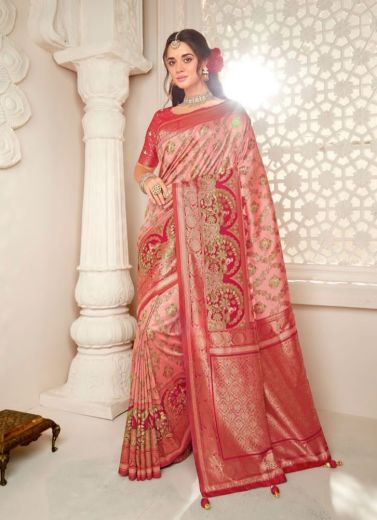 Pink & Crimson Red Banarasi Silk Embroidered Party-Wear Saree