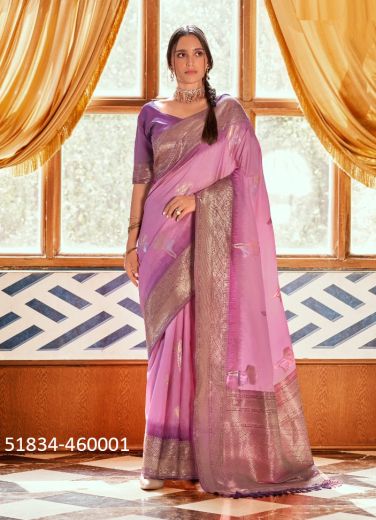 Pink Woven Jari Silk Saree For Traditional / Religious Occasions