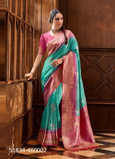 Teal Blue Woven Jari Silk Saree For Traditional / Religious Occasions