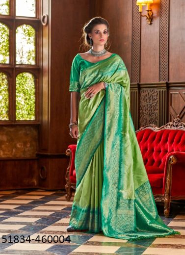Light Green Woven Jari Silk Saree For Traditional / Religious Occasions