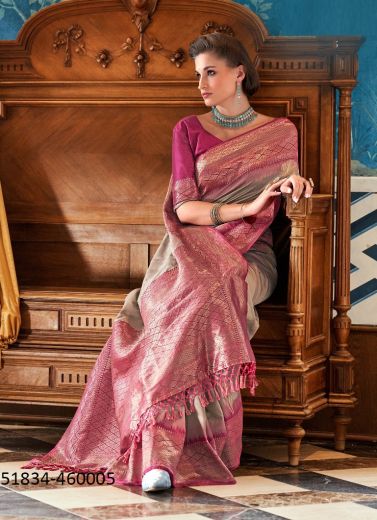 Gray Woven Jari Silk Saree For Traditional / Religious Occasions