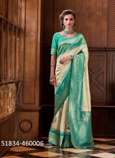 Off White Woven Jari Silk Saree For Traditional / Religious Occasions