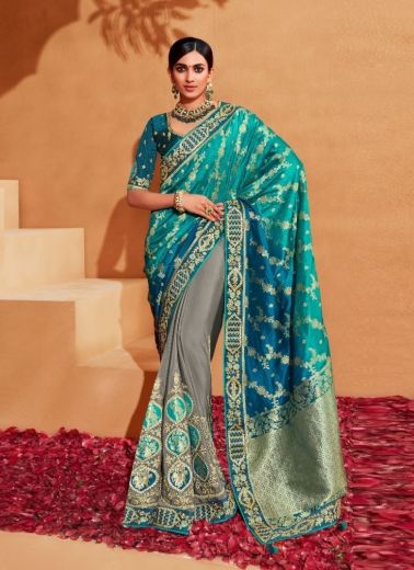 Teal Blue & Gray Silk Embroidered Wedding-Wear Saree